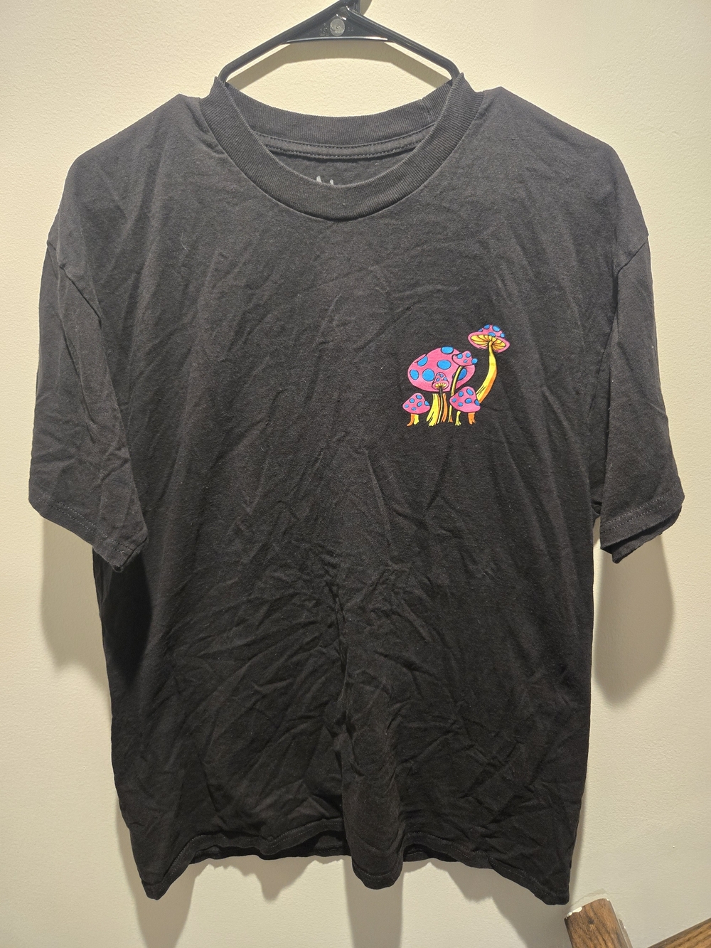 Black Short Sleeve Tee with Colorful Mushroom Graphic